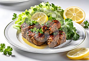 Delicious dish Cig Kofte with lemon lettuce and parsley served on a plate transparent background