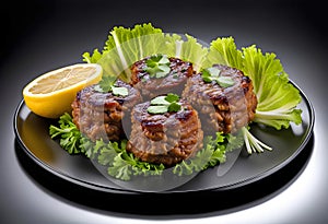 Delicious dish Cig Kofte with lemon lettuce and parsley served on a plate transparent background