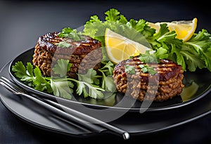 Delicious dish Cig Kofte with lemon lettuce and parsley served on a plate transparent background