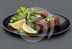 Delicious dish Cig Kofte with lemon lettuce and parsley served on a plate transparent background