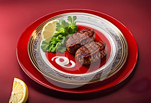 Delicious dish Cig Kofte with lemon lettuce and parsley served on a plate transparent background