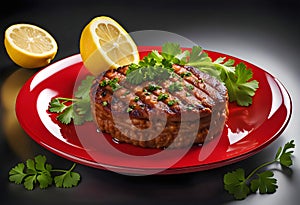 Delicious dish Cig Kofte with lemon lettuce and parsley served on a plate transparent background