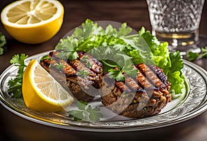 Delicious dish Cig Kofte with lemon lettuce and parsley served on a plate transparent background