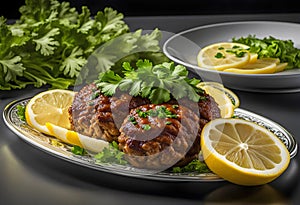 Delicious dish Cig Kofte with lemon lettuce and parsley served on a plate transparent background