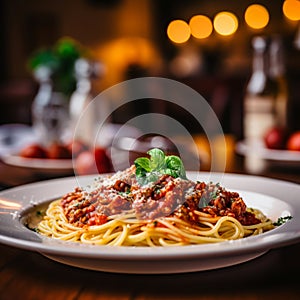 a delicious dish of homemade spaguetti bolognese on a plate on a table in an italian restaurant