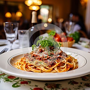 a delicious dish of homemade spaguetti bolognese on a plate on a table in an italian restaurant