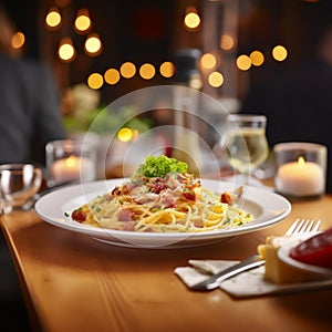 a delicious dish of homemade spaguetti carbonara on a plate on a table in an italian restaurant