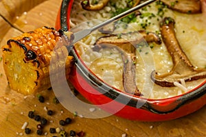 Delicious dish with maize and Shiitake mushrooms.