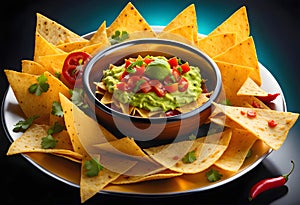 Delicious dish of nachos with avocado sauce isolated on a white background. National Mexican cuisine.