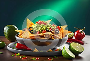 Delicious dish of nachos with avocado sauce isolated on a white background. National Mexican cuisine.