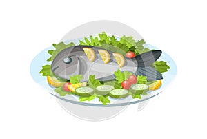 Delicious dish - tender fish meat, with greens, lemon and vegetables.