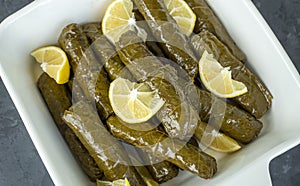 Delicious dolma sarma stuffed grape leaves rice,. Lebanese dolma sarma on plate. Lebanon turkish greek middle eastern cuisine.