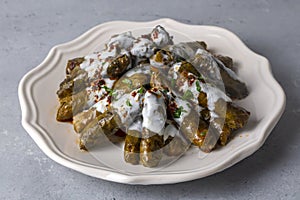 Delicious dolma (sarma) stuffed grape leaves rice, white yogurt sauce. Lebanese dolma sarma on plate.