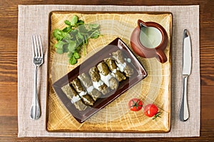 Delicious dolma stuffed grape leaves and rice, white yogurt sauce