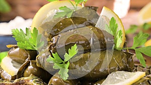 Delicious dolma stuffed grape leaves rice, white yogurt sauce. Lebanese dolma sarma on plate. Lebanon turkish greek