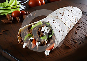 Delicious doner kebab shawarma roll showcased on a wooden board. Warm pita enveloping succulent chicken and fresh vegetables,
