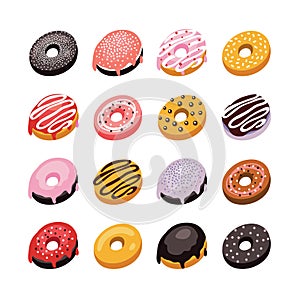 Delicious donut icon set Sweet dessert flat isometric 3d design