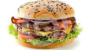 Delicious double cheeseburger with bacon on a white background. Juicy beef burger, fast food concept, ideal for menu