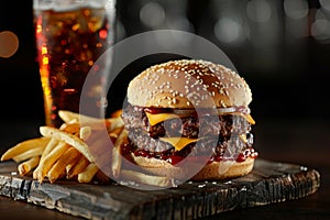 Delicious double cheeseburger with fries and a cold drink
