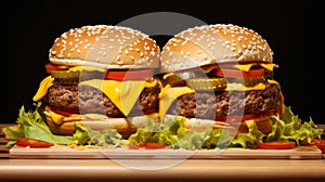 Delicious Double Cheeseburger On A Stylish Wooden Board