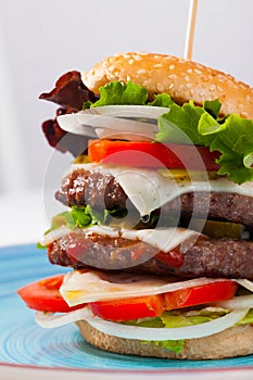 Double tasty hamburger with beef cutlet, fresh vegetables and cheese