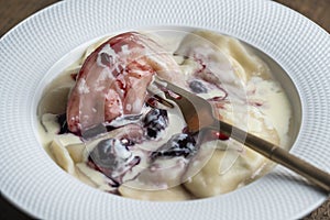 Delicious dumplings stuffed with cottage cheese with sour cream and cherry jam in a white plate, closeup. Ukrainian cuisine