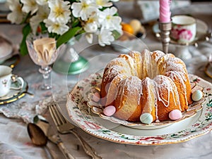 Delicious Easter cake and colorful eggs on festively set table with spring flowers and beautiful dishes