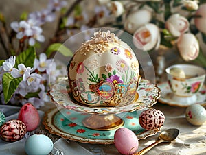 Delicious Easter cake and colorful eggs on festively set table with spring flowers and beautiful dishes