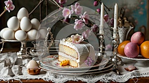 Delicious Easter cake and colorful eggs on festively set table with spring flowers and beautiful dishes