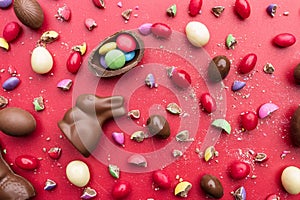 Delicious Easter chocolate bunny, eggs and sweets