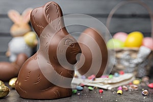 Delicious Easter chocolate bunny, eggs and sweets