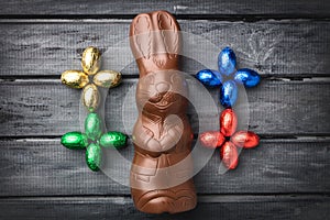 Delicious Easter chocolate bunny, eggs and sweets