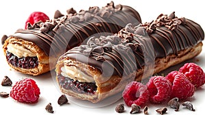 Delicious Eclairs with Chocolate and Fresh Raspberries photo