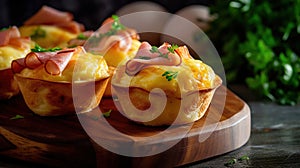 Delicious egg muffins with ham, cheese. Generative Ai