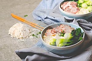 Delicious egg noodle with red pork and vegetable