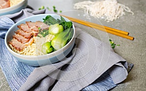 delicious egg noodle with red pork and vegetable in bowl decoration