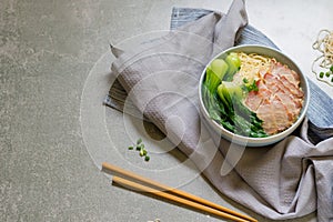 delicious egg noodle with red pork and vegetable in bowl decoration