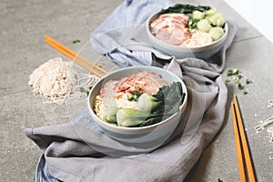 Delicious egg noodle with red pork and vegetable in bowl