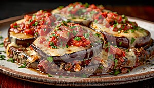 Delicious Eggplant Parmesan with Tomato Sauce and Melted Cheese on Rustic Plate, Traditional Italian Cuisine