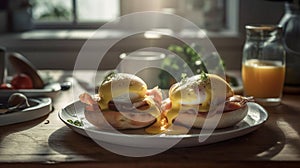 Delicious Eggs Benedict Breakfast Plate on Table - Generative AI