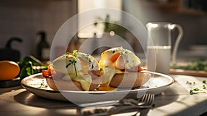 Delicious Eggs Benedict Breakfast Plate on Table - Generative AI