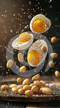 delicious eggs with potatoes floating in the air, professional food photography, studio background, advertising photography,