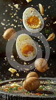 delicious eggs with potatoes floating in the air, professional food photography, studio background, advertising photography,