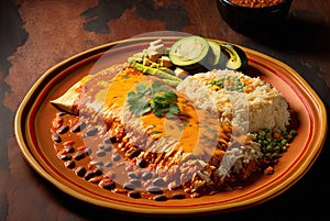 Delicious enchilada on plate with rice beans and peppers