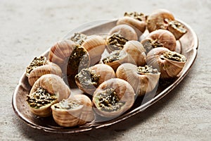 Delicious escargots on plate on stone background.