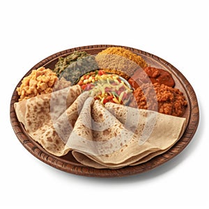 Delicious Ethiopian Injera with a Variety of Stews on a Plate .