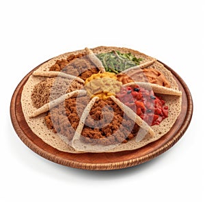 Delicious Ethiopian Injera with a Variety of Stews on a Plate .