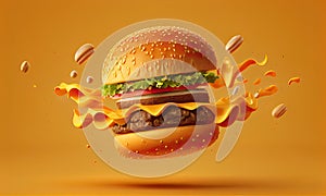 Delicious fast food burger flying on a yellow background, generative AI