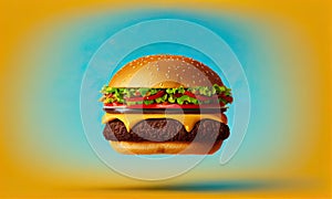 Delicious fast food burger flying on a yellow background, generative AI