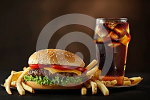 Delicious fast food meal with burger, fries, and soda